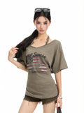 BIGGOLD American style vintage printed neck hanging short sleeved T-shirt for women in summer with rivet design and back strap for slimming effect