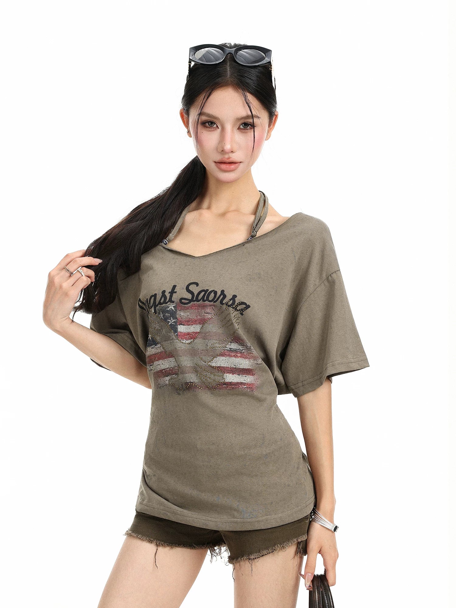 BIGGOLD American style vintage printed neck hanging short sleeved T-shirt for women in summer with rivet design and back strap for slimming effect
