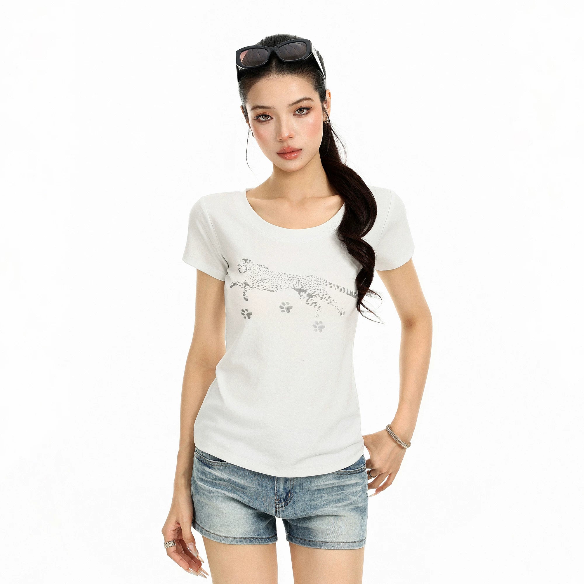 BIGGOLD Leopaard printed shoulder short sleeved T-shirt for women's summer hot girl casual slimming versatile short top