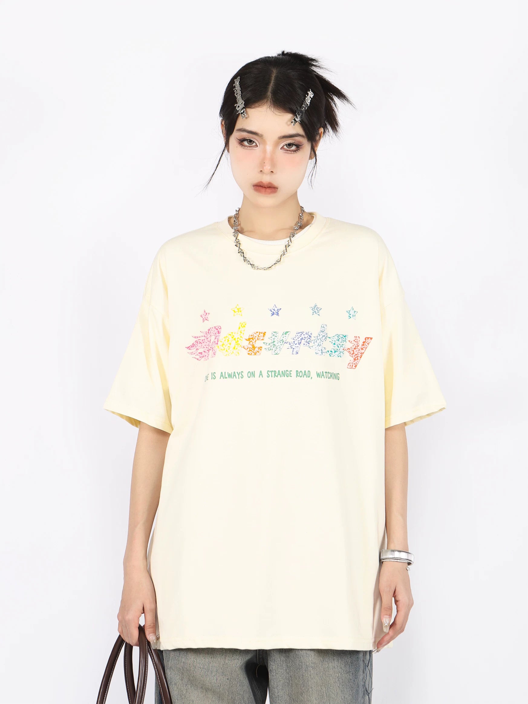 BIGGOLD American Retro Graffiti Star Short Sleeve T-shirt for Female Couple Half Sleeve Summer Unique Unique Unique Top