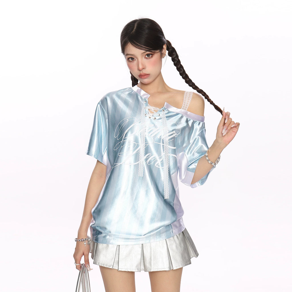 2025 Summer Lace Shoulder Strap T-shirt for slimming, striped short sleeved top, women's loose fit design