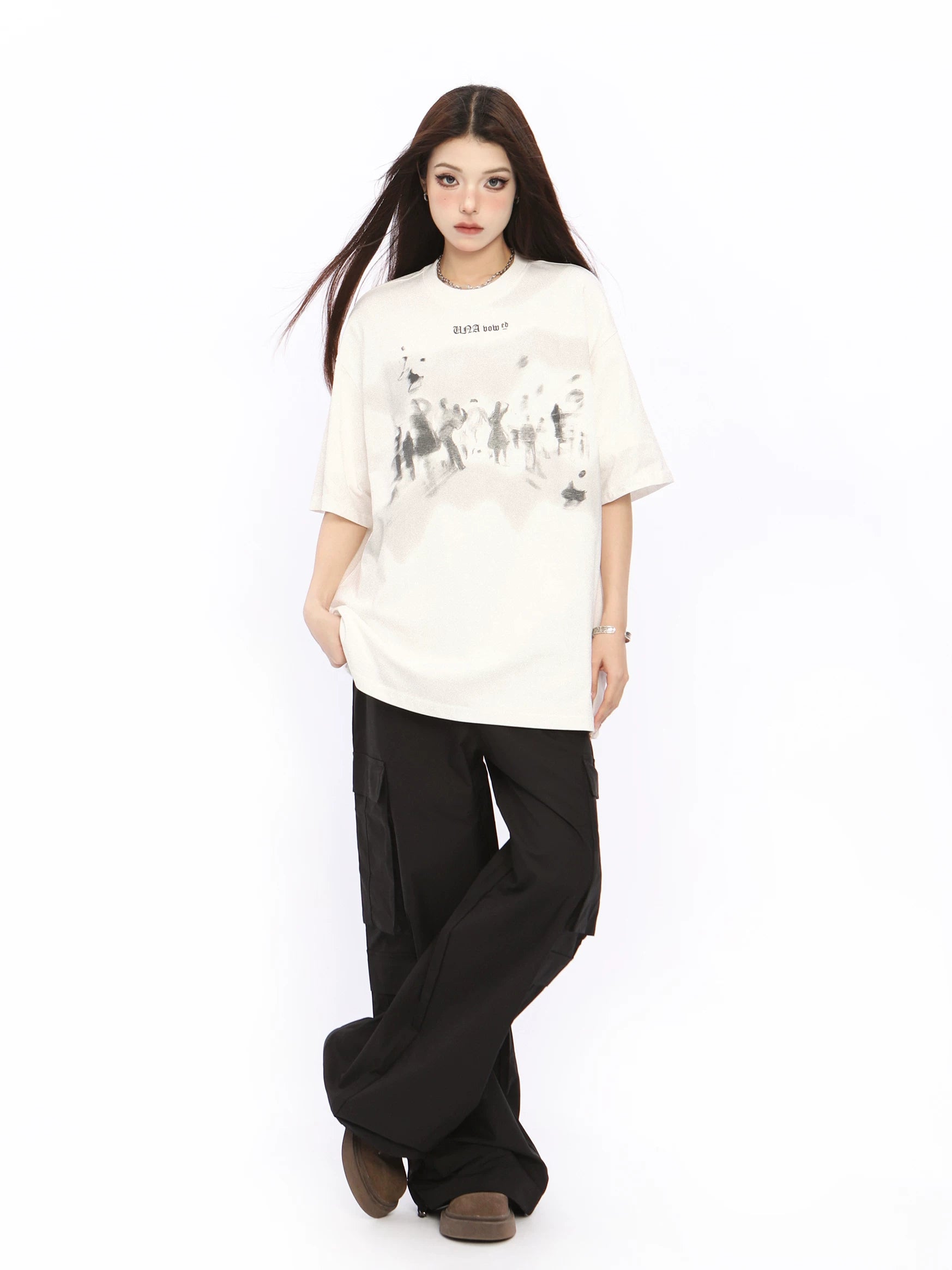 BIGGOLD American High Street Phantom Graffiti Short Sleeve T-shirt for Women in Summer, White Half Sleeve Design, Couple's Top