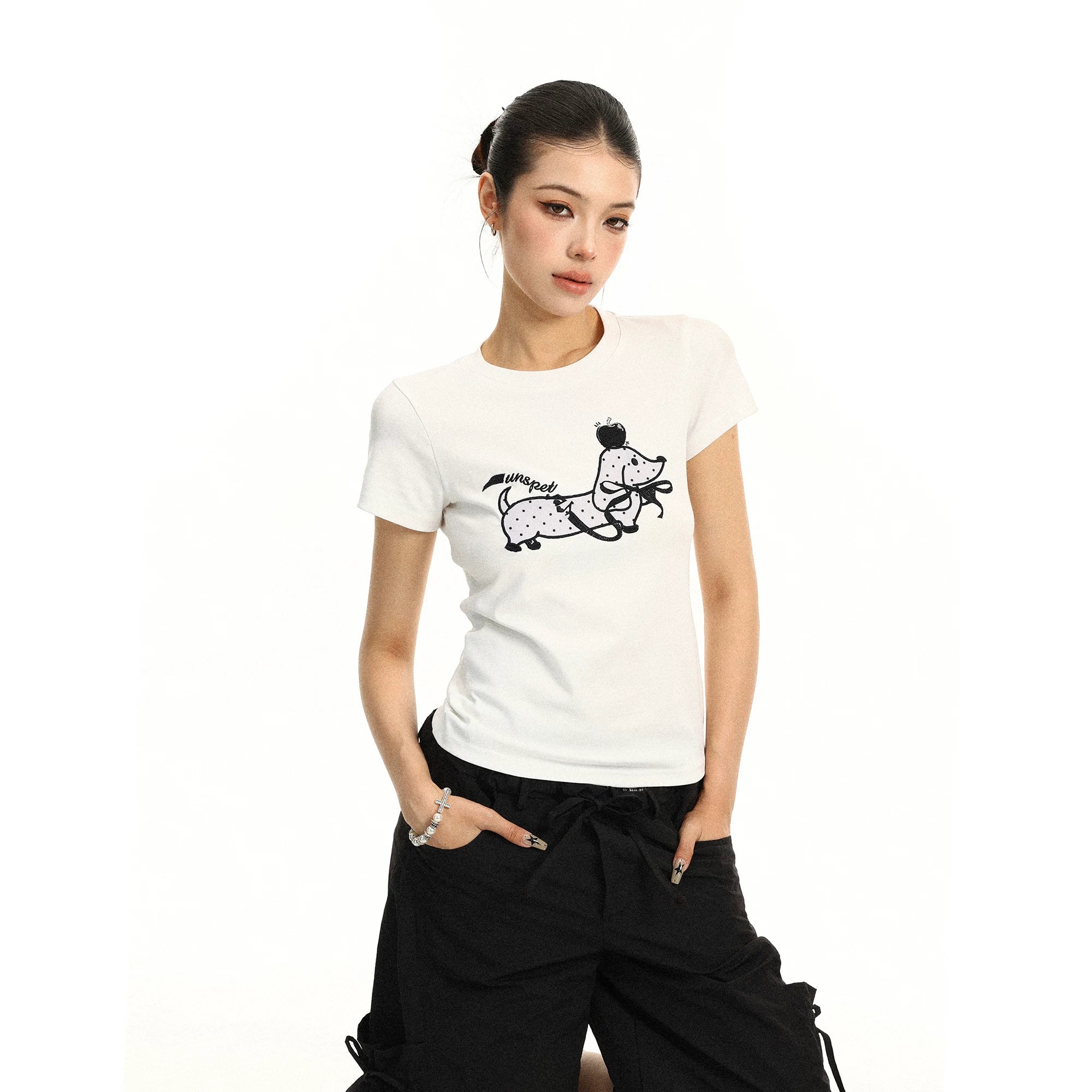 BIGGOLD Korean style polka dot dog embroidery shoulder short sleeved T-shirt for women's summer casual versatile slimming short top