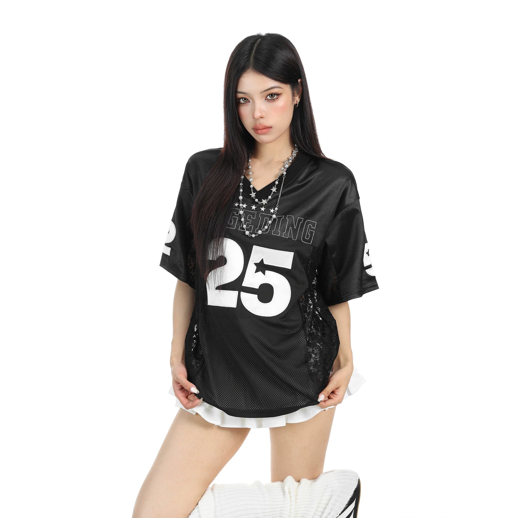 BIGGOLD Embroidered Lace Splicing Satin V-neck Short sleeved T-shirt for Women's Summer Sports Style, slimming jersey top ins