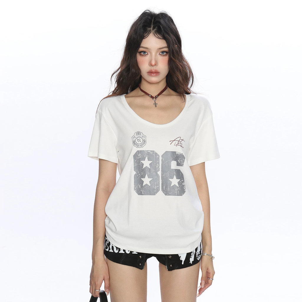 BIGGOLD spicy girl letter print U-neck shoulder short sleeved T-shirt for women in summer, lazy and casual, slimming top, trendy