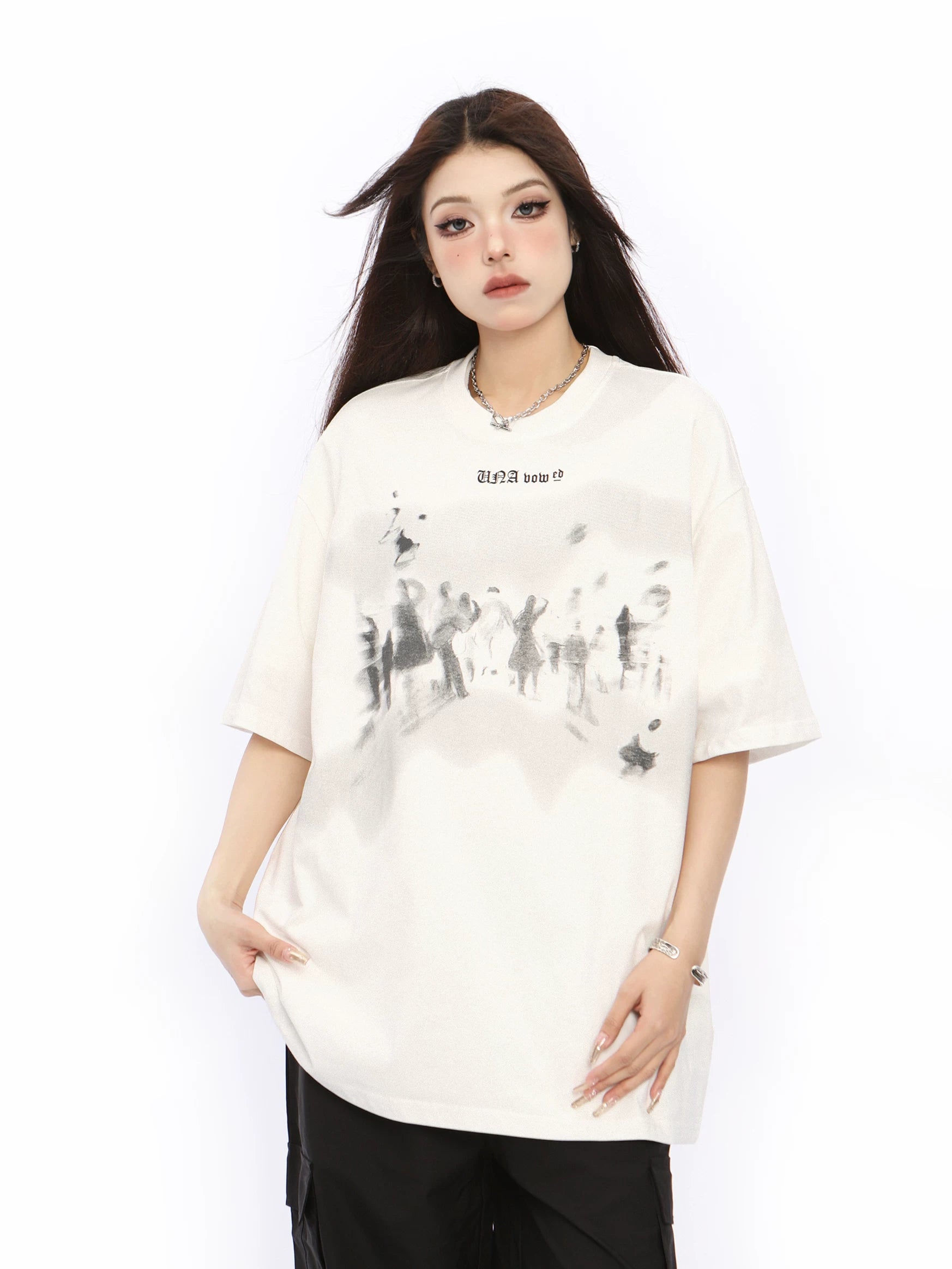 BIGGOLD American High Street Phantom Graffiti Short Sleeve T-shirt for Women in Summer, White Half Sleeve Design, Couple's Top