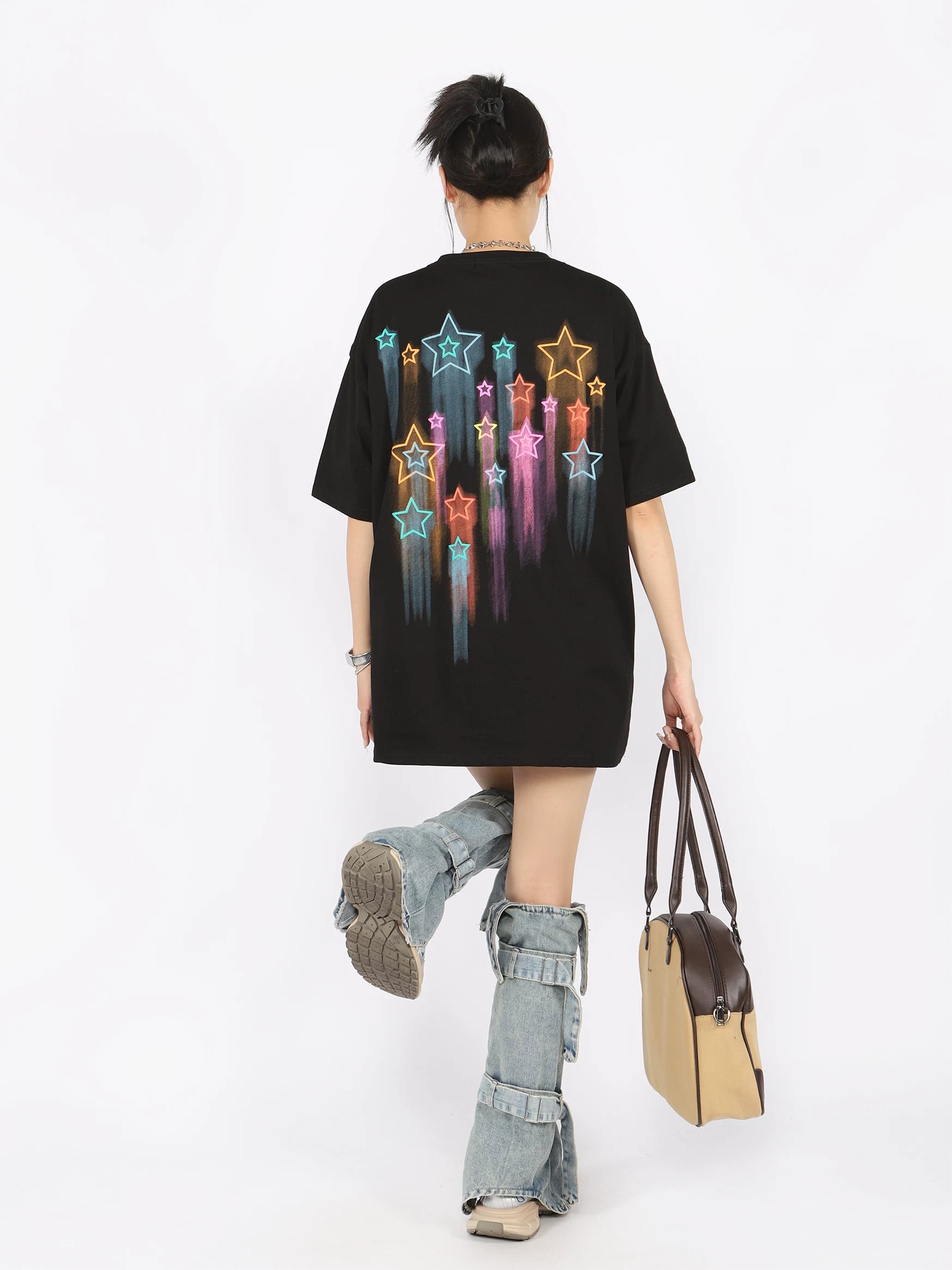BIGGOLD American Retro Graffiti Star Short Sleeve T-shirt for Female Couple Half Sleeve Summer Unique Unique Unique Top