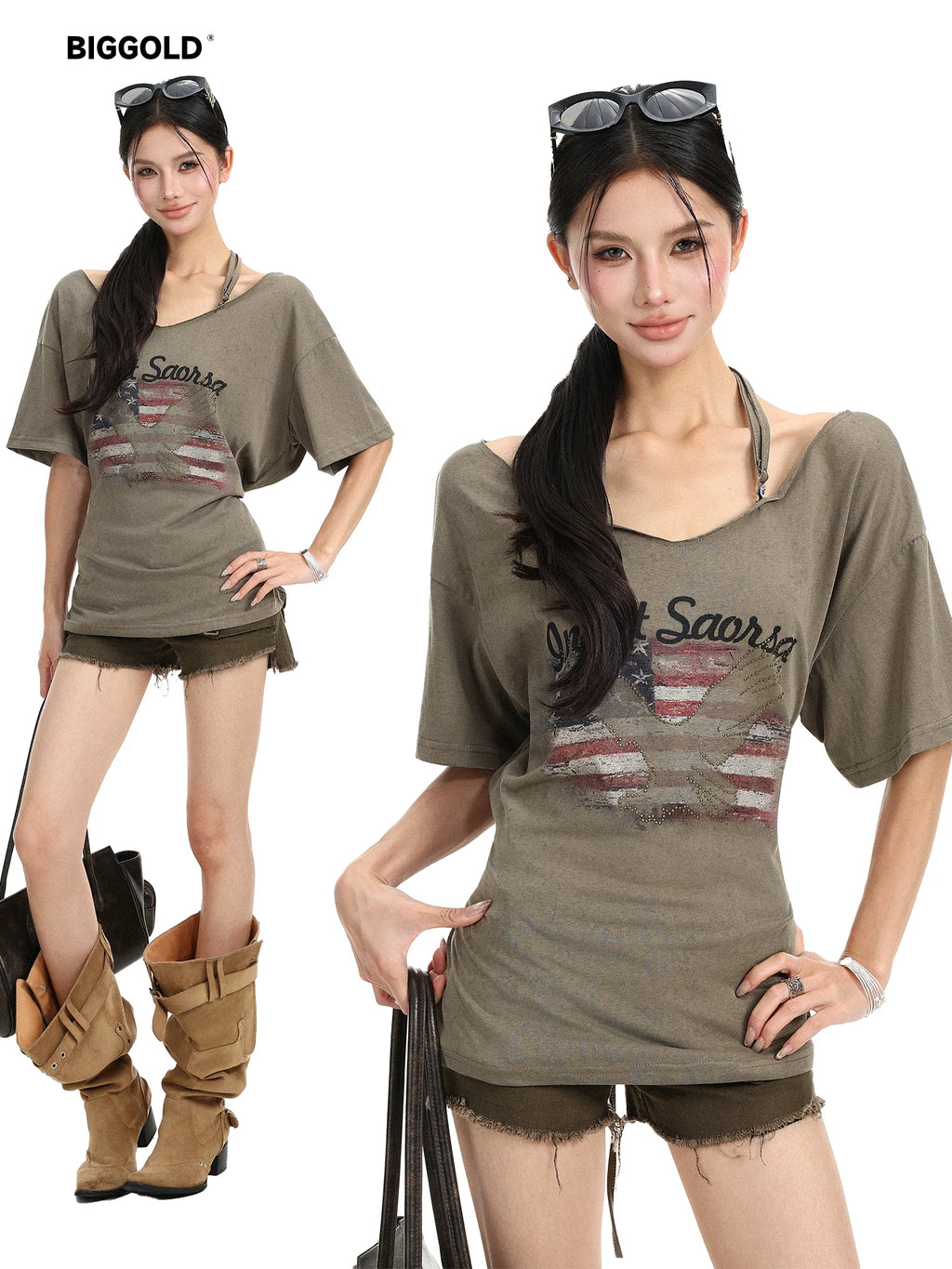 BIGGOLD American style vintage printed neck hanging short sleeved T-shirt for women in summer with rivet design and back strap for slimming effect