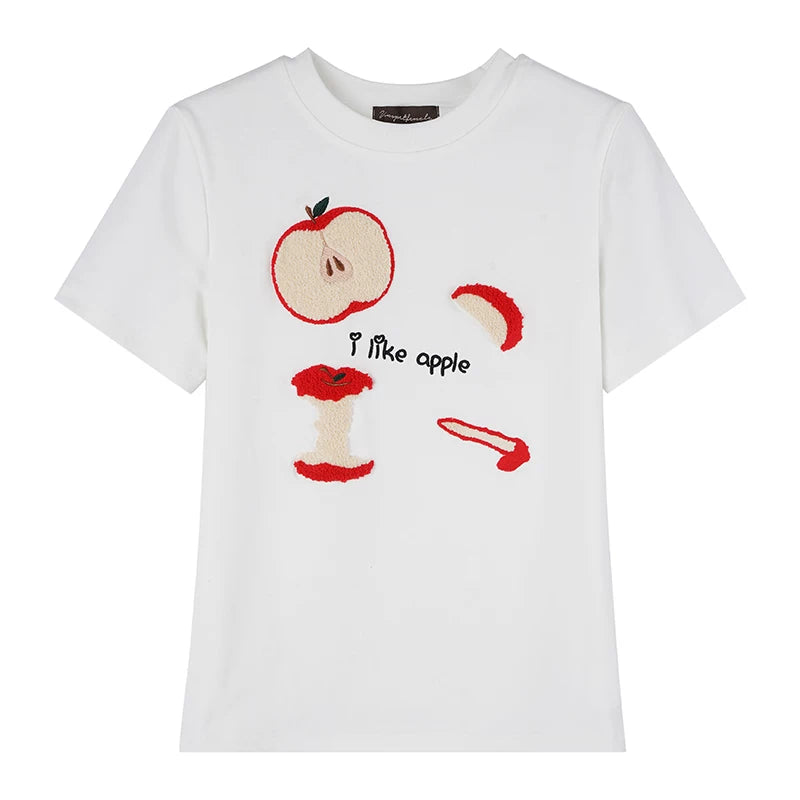 BIGGOLD Apple Towel Embroidered Short Sleeve T-shirt for Women, with a Small American Design, appears slim, white, spicy girl's shoulder top