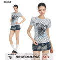 BIGGOLD puppy print full wave dot shoulder short sleeved T-shirt for women's summer waist slimming short top ins