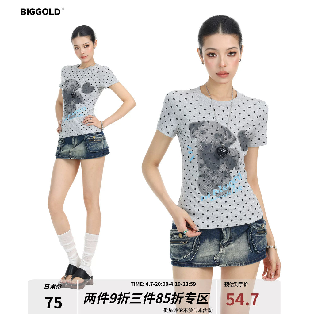 BIGGOLD puppy print full wave dot shoulder short sleeved T-shirt for women's summer waist slimming short top ins