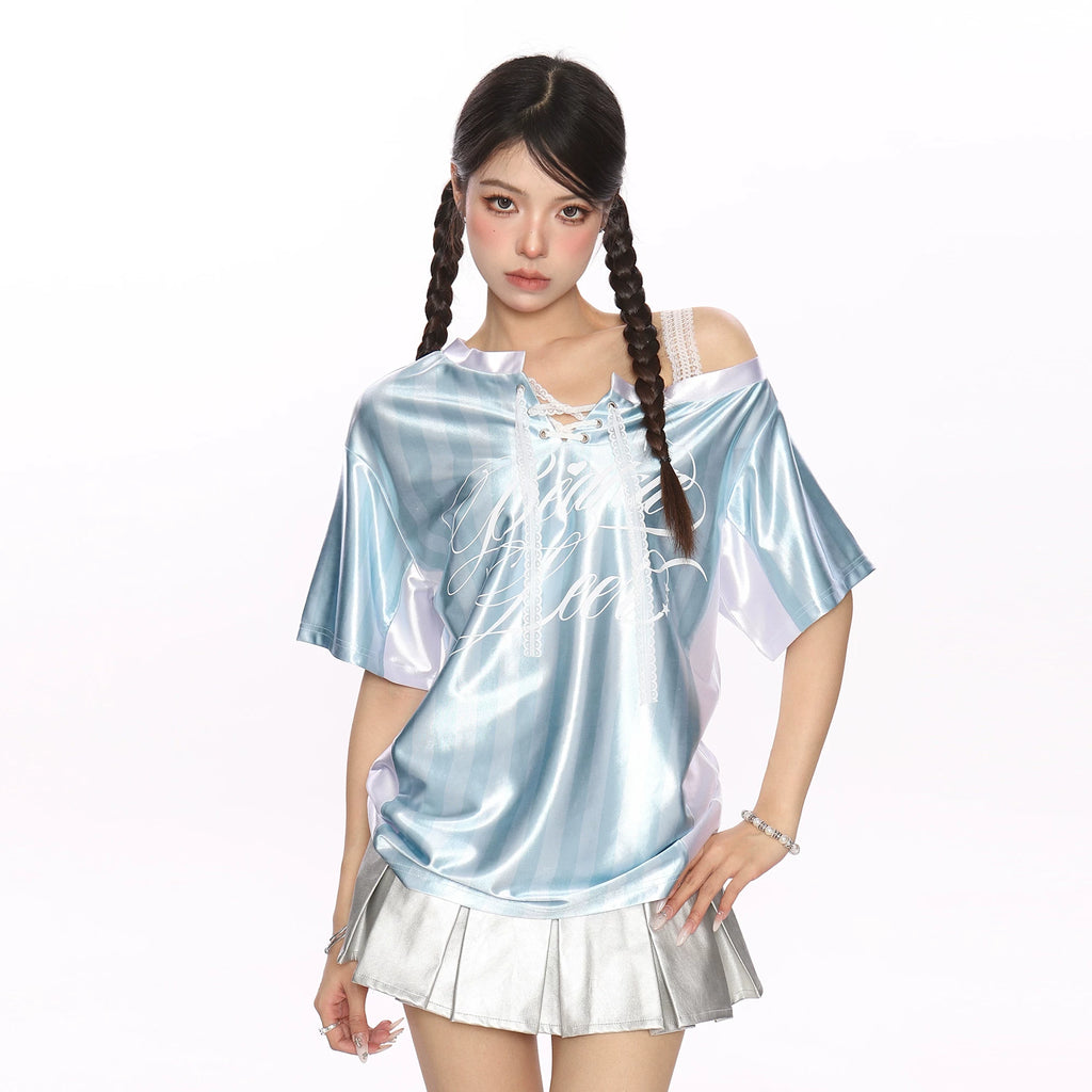 2025 Summer Lace Shoulder Strap T-shirt for slimming, striped short sleeved top, women's loose fit design