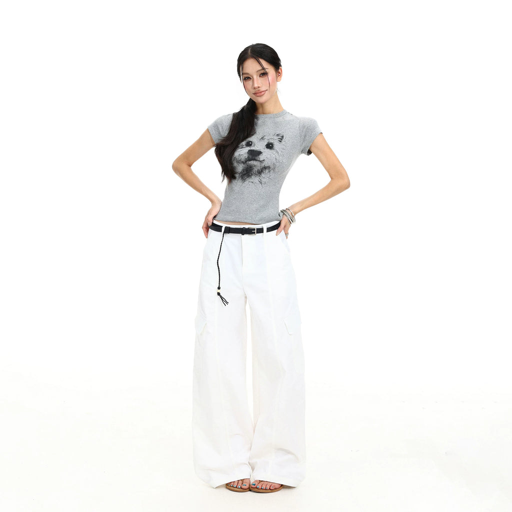 BIGGOLD Fun Dog Printed Round Neck Short sleeved T-shirt for Women's Summer Casual Versatile Look Thin Shoulder Short Top