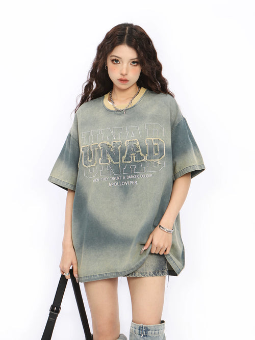 BIGGOLD American high street denim short sleeved T-shirt with embroidery for women, summer design sense, niche half sleeved couple top trend