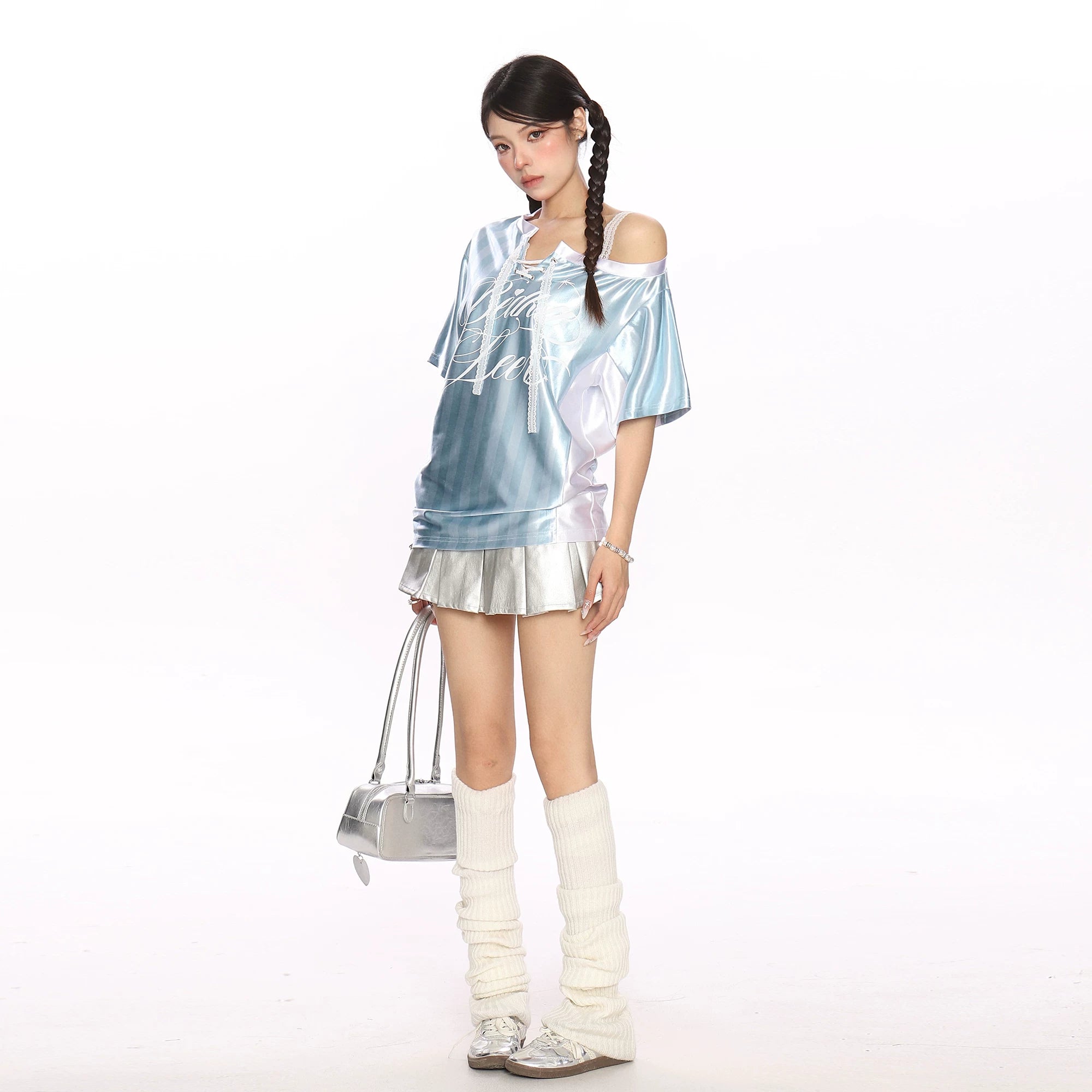 2025 Summer Lace Shoulder Strap T-shirt for slimming, striped short sleeved top, women's loose fit design
