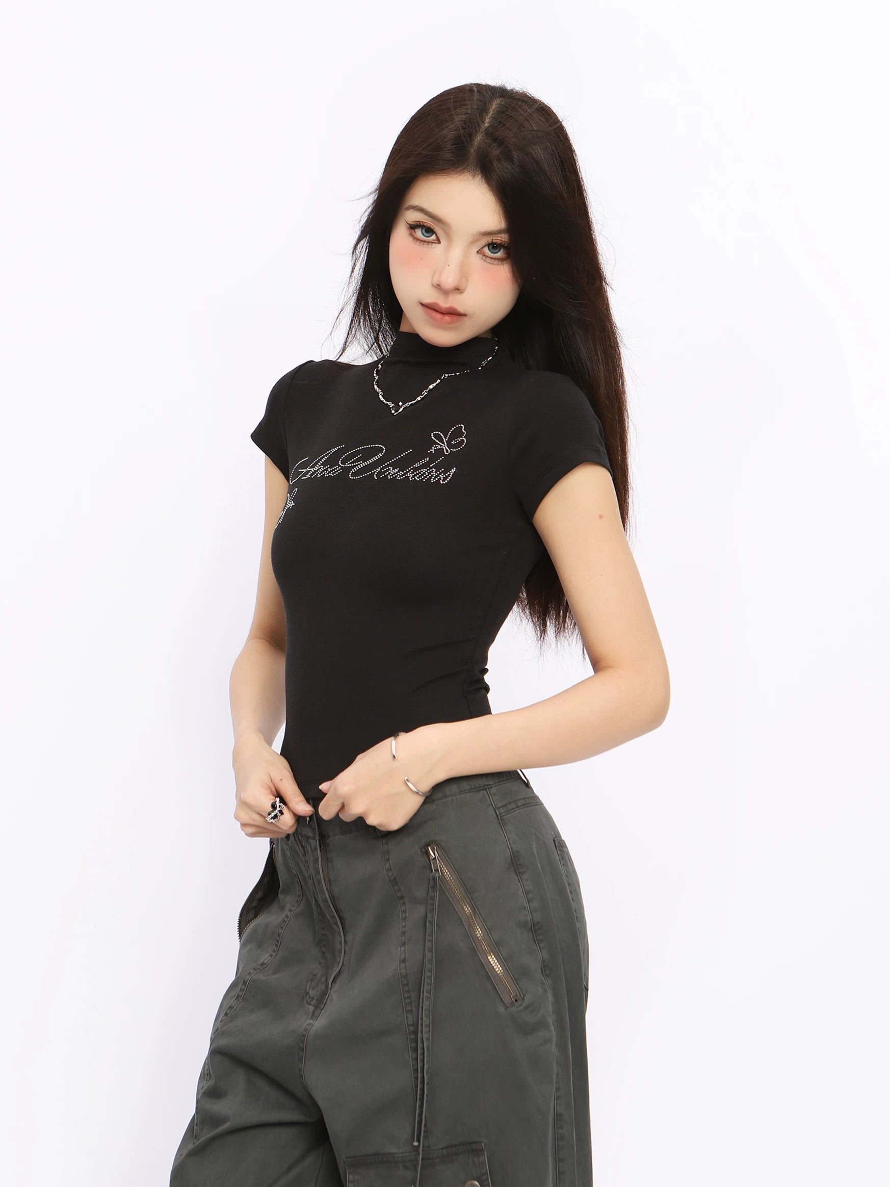 BIGGOLD American Hot Diamond Letter Half High Collar Shoulder Short sleeved T-shirt for Women's Summer Hot Girl, Shrinking Waist and Slimming Top Trendy