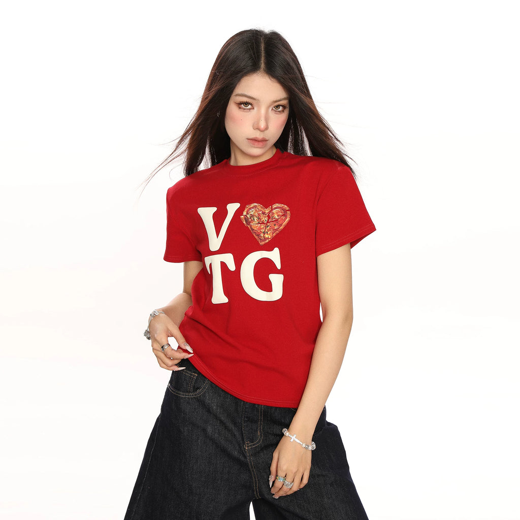 BIGGOLD American Love Letter Printed Shoulder Short sleeved T-shirt for Women's Summer Hot Girl Casual Versatile Short Top