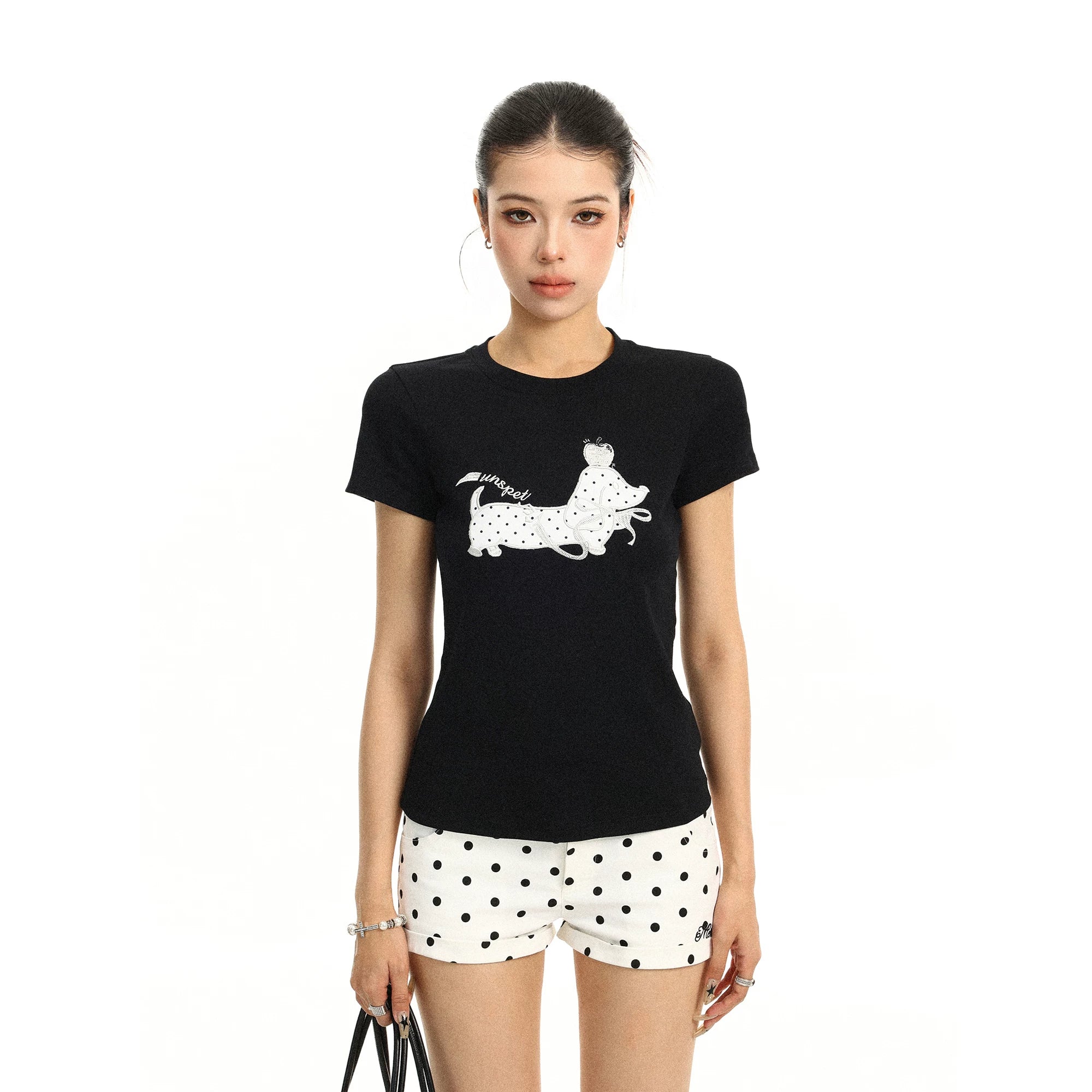 BIGGOLD Korean style polka dot dog embroidery shoulder short sleeved T-shirt for women's summer casual versatile slimming short top