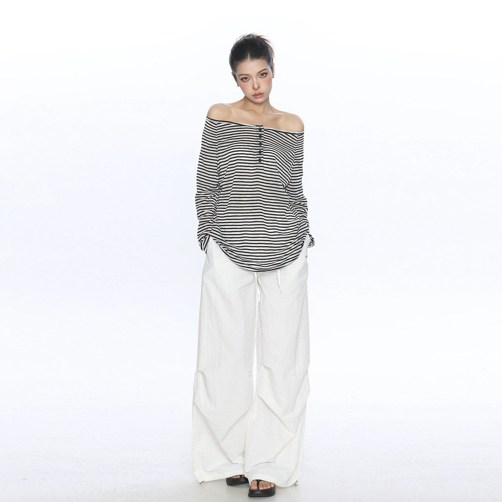 BIGGOLD contrasting pink striped button one shoulder long sleeved T-shirt for women's summer thin sun protection shirt top cover