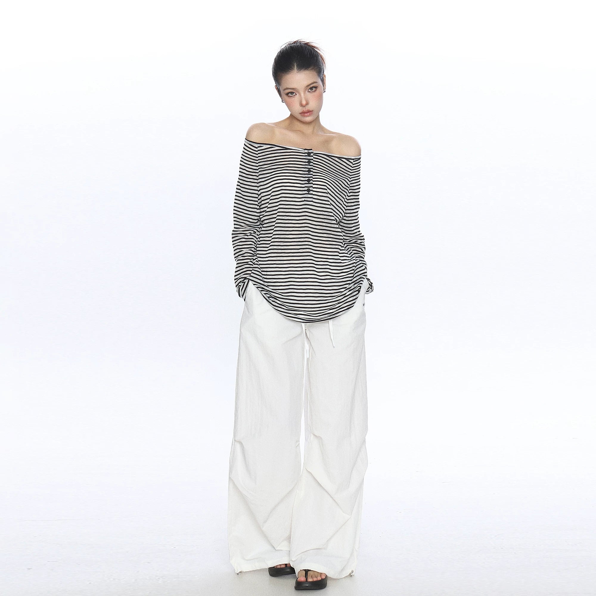 BIGGOLD contrasting pink striped button one shoulder long sleeved T-shirt for women's summer thin sun protection shirt top cover