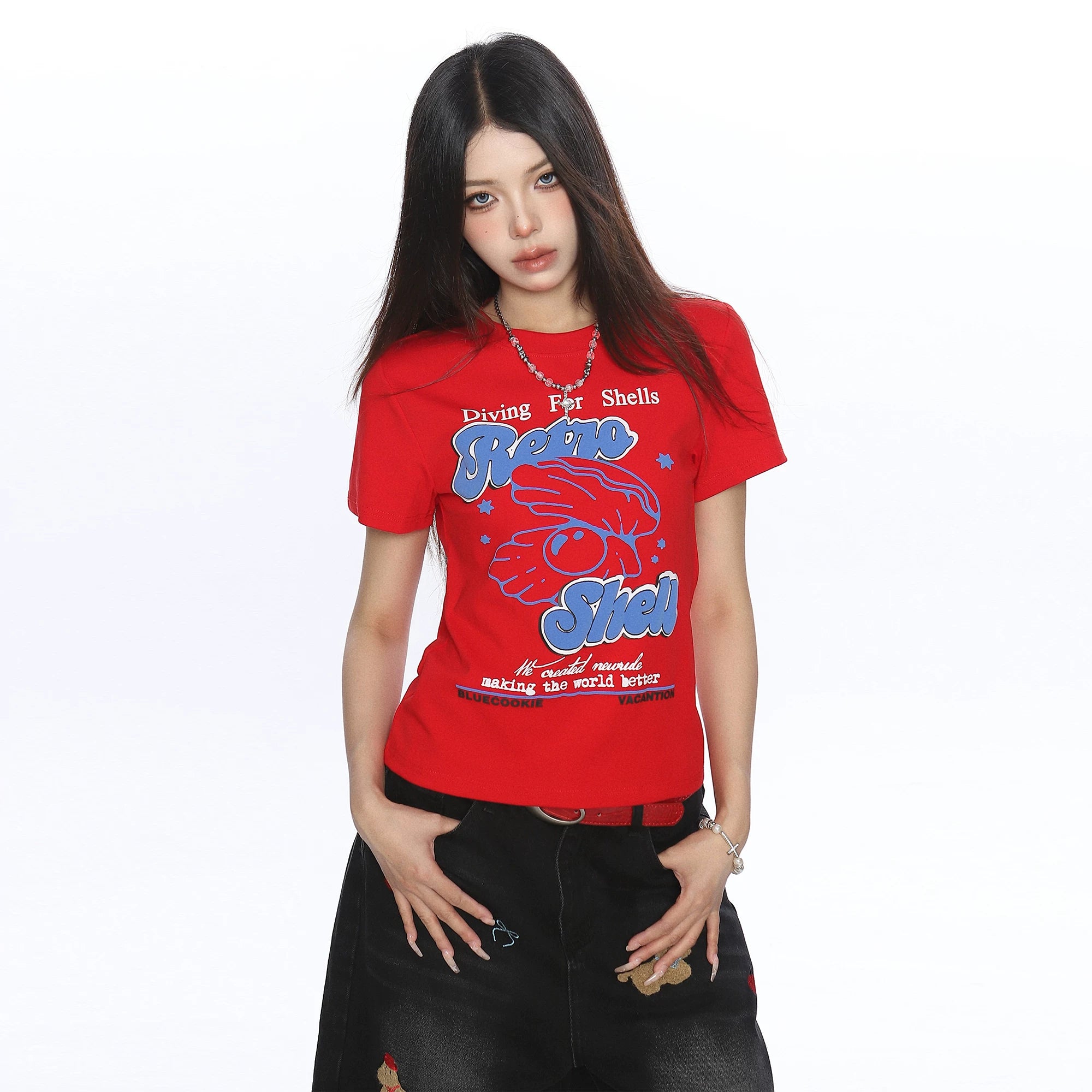 BIGGOLD American letter shell print shoulder short sleeved T-shirt for women's summer lazy style, slimming short top trend