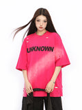 BIGGOLD American high street washed distressed short sleeved T-shirt for women's summer high-end feeling, rose red couple's top