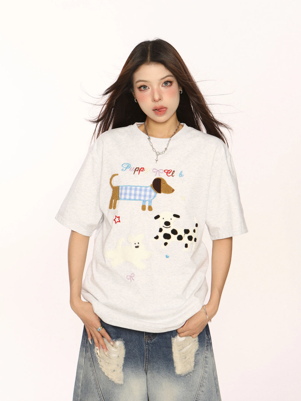 BIGGOLD Sweet and Spicy Cute Dog Towel Embroidered Short Sleeve Half Sleeve Loose Sausage Dog Couple Top Summer T-shirt for Women