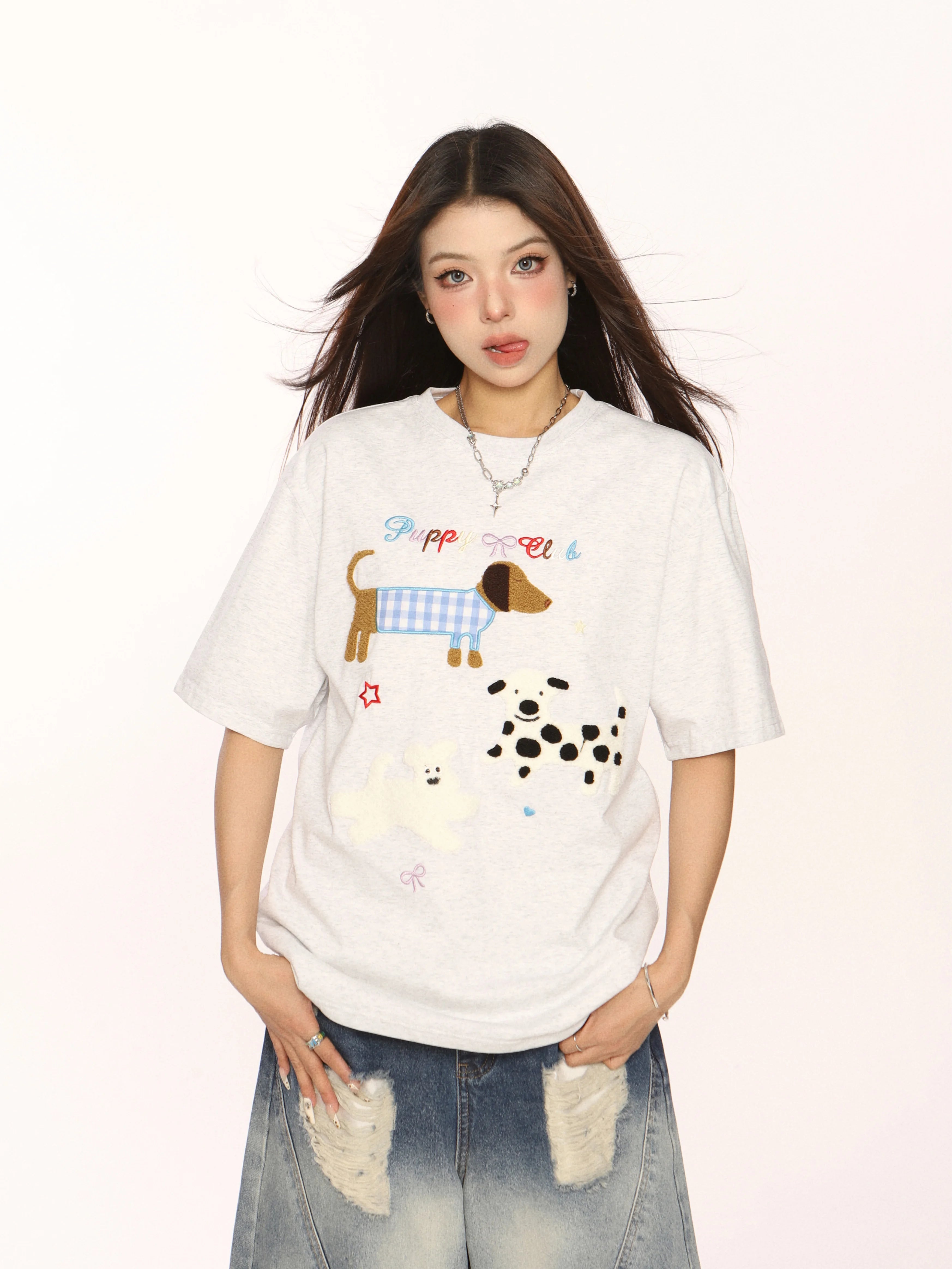 BIGGOLD Sweet and Spicy Cute Dog Towel Embroidered Short Sleeve Half Sleeve Loose Sausage Dog Couple Top Summer T-shirt for Women