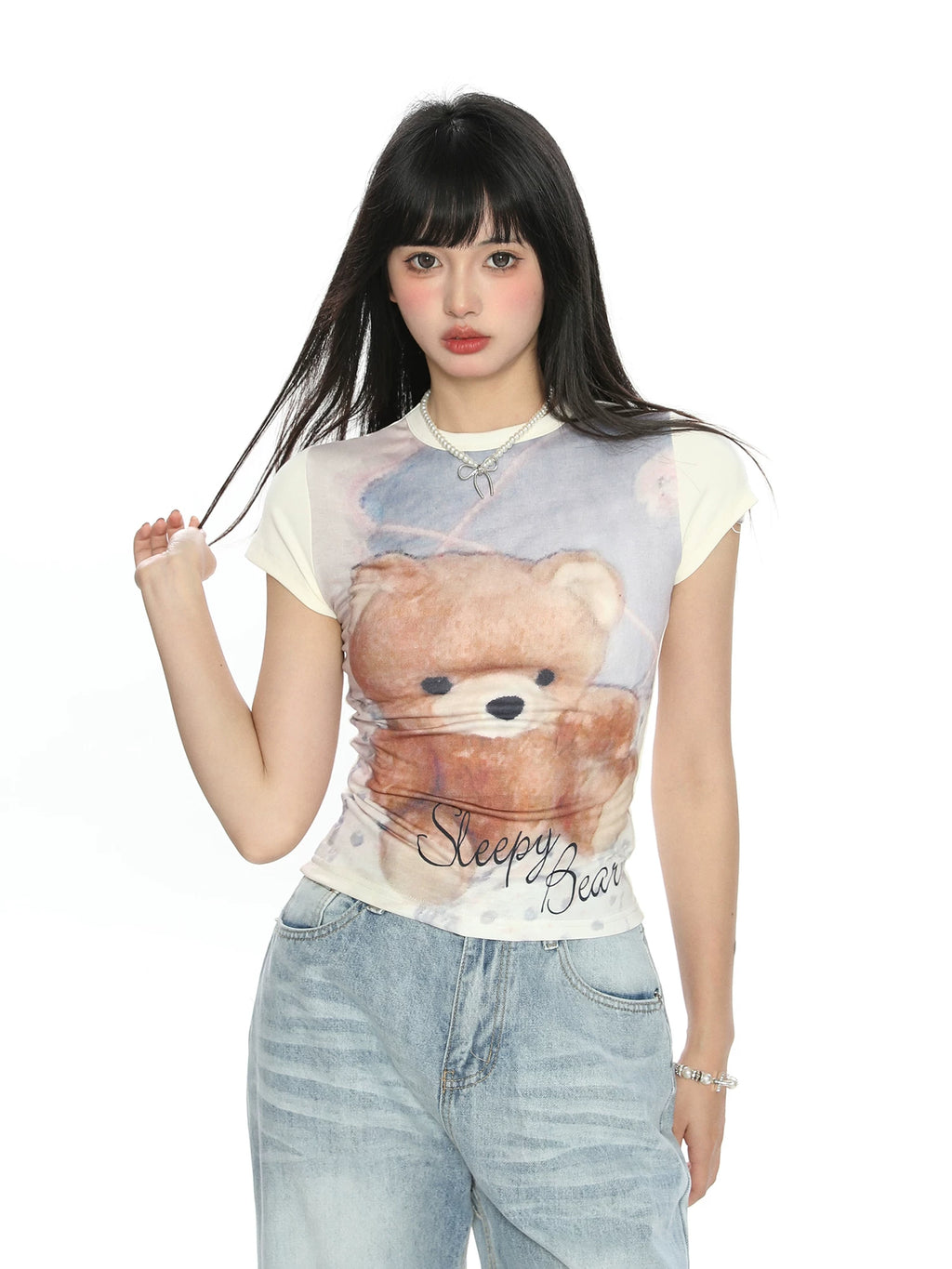 BIGGOLD American Sweet Cool Bear Printed Shoulder Short sleeved T-shirt for Women's Summer Spicy Girl, slim fit and slimming short top