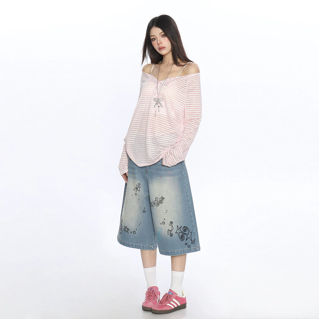 BIGGOLD contrasting pink striped button one shoulder long sleeved T-shirt for women's summer thin sun protection shirt top cover