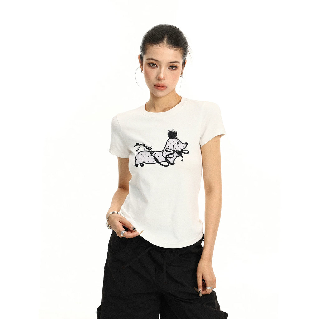 BIGGOLD Korean style polka dot dog embroidery shoulder short sleeved T-shirt for women's summer casual versatile slimming short top