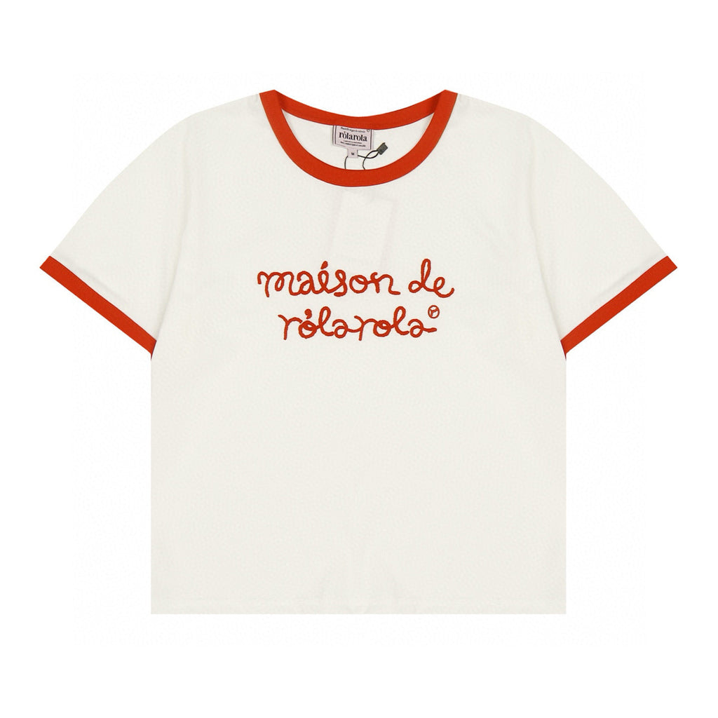 Rolarola New Contrast Trim Slim-Fit Cropped Embroidered T-Shirt
