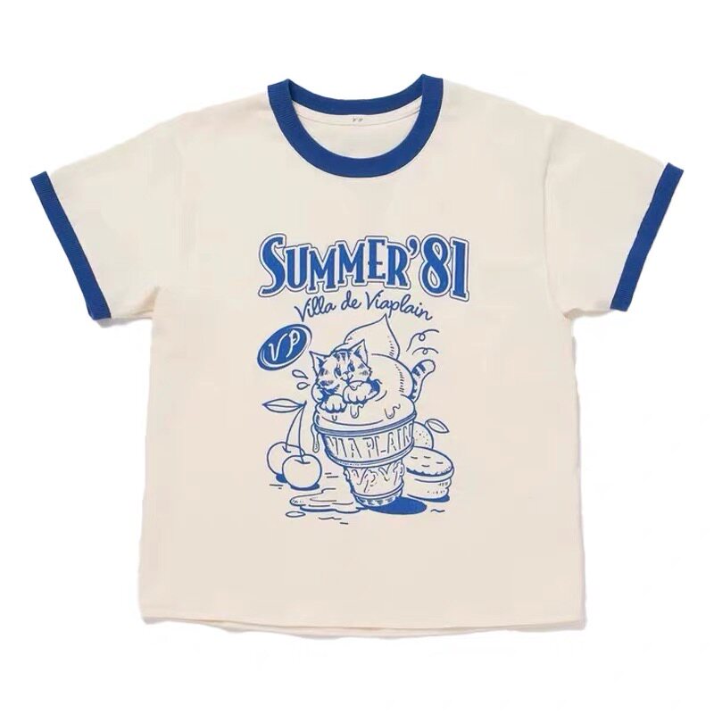 Viaplain Cat Ice Cream Graphic Short Sleeve T-Shirt