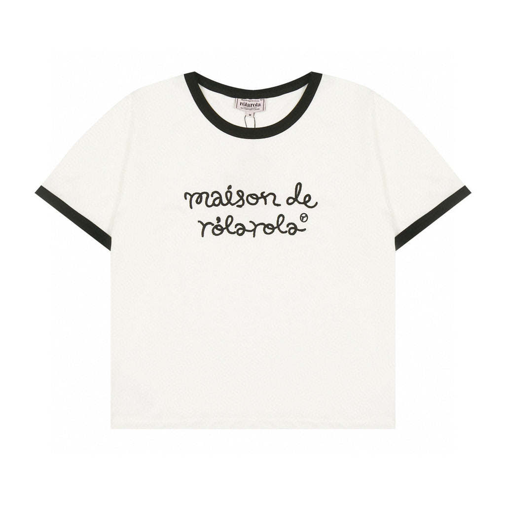 Rolarola New Contrast Trim Slim-Fit Cropped Embroidered T-Shirt