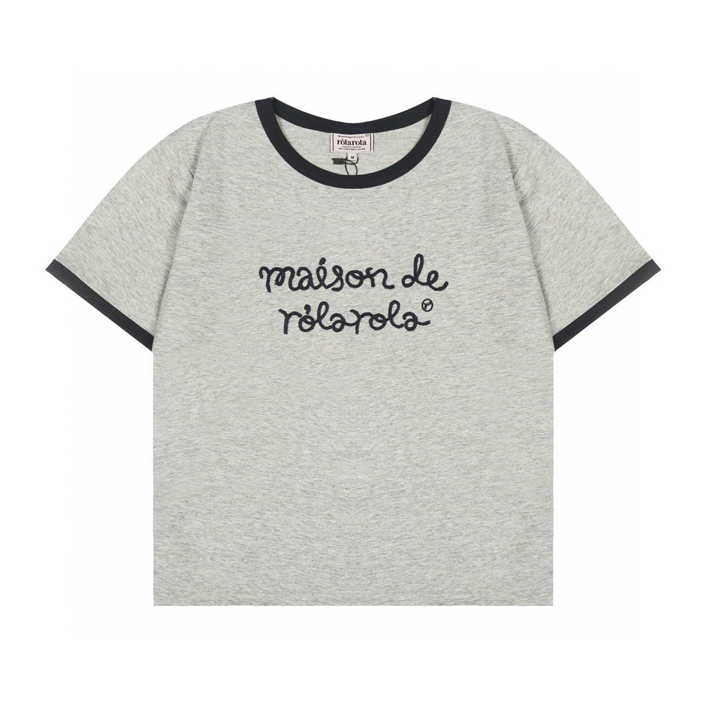 Rolarola New Contrast Trim Slim-Fit Cropped Embroidered T-Shirt
